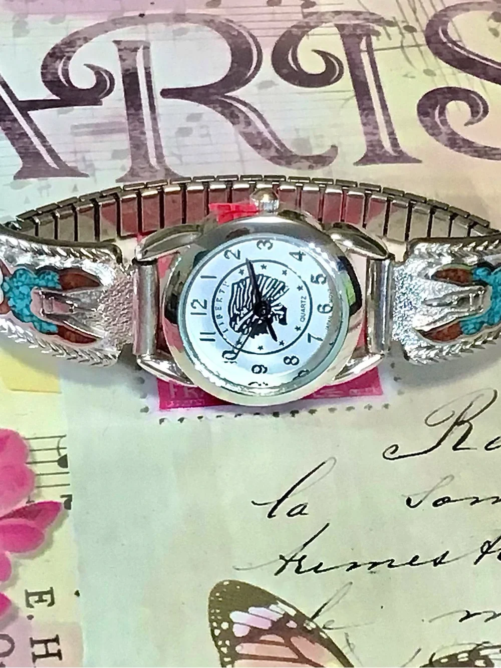 Woman’s Silver Navajo Thunderbird Turquoise/Coral Band Indian Liberty Coin Watch